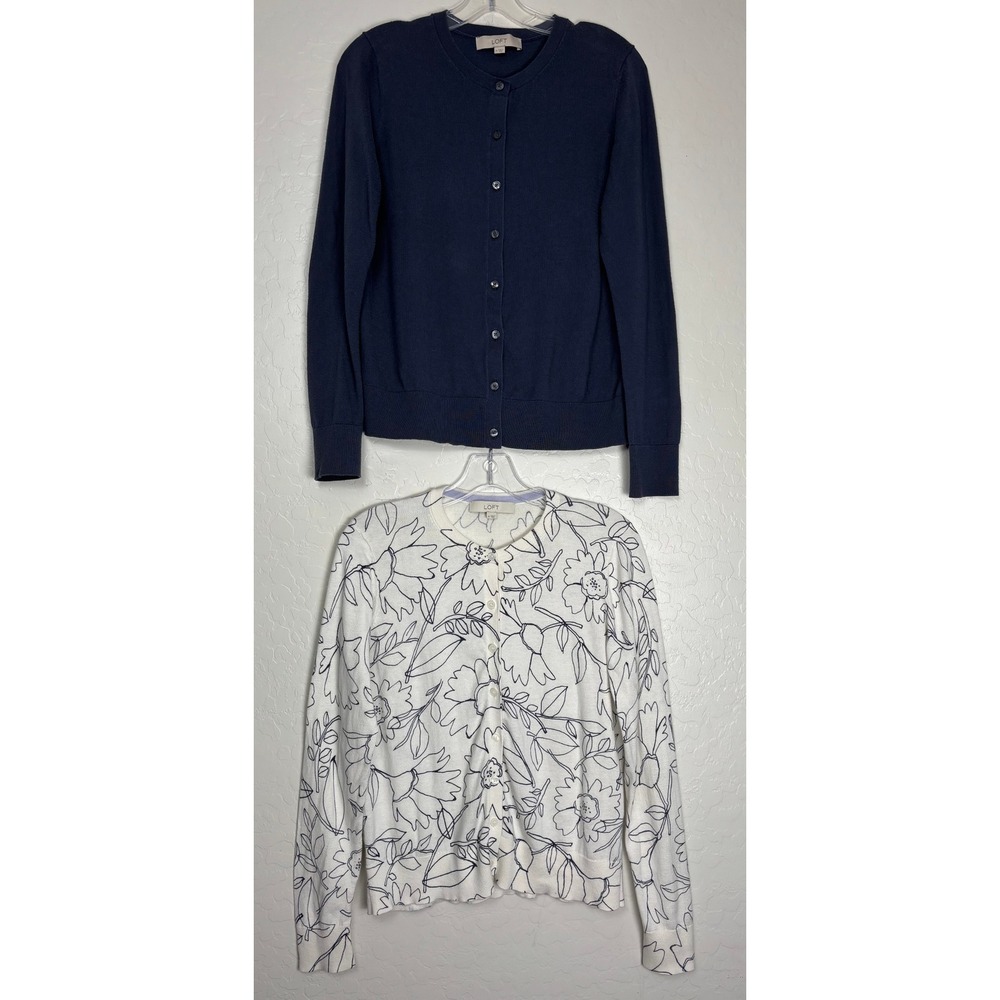 LOFT Womens Cardigan Sweater Set 2pc Navy Blue Solid & Floral White Size M 2602